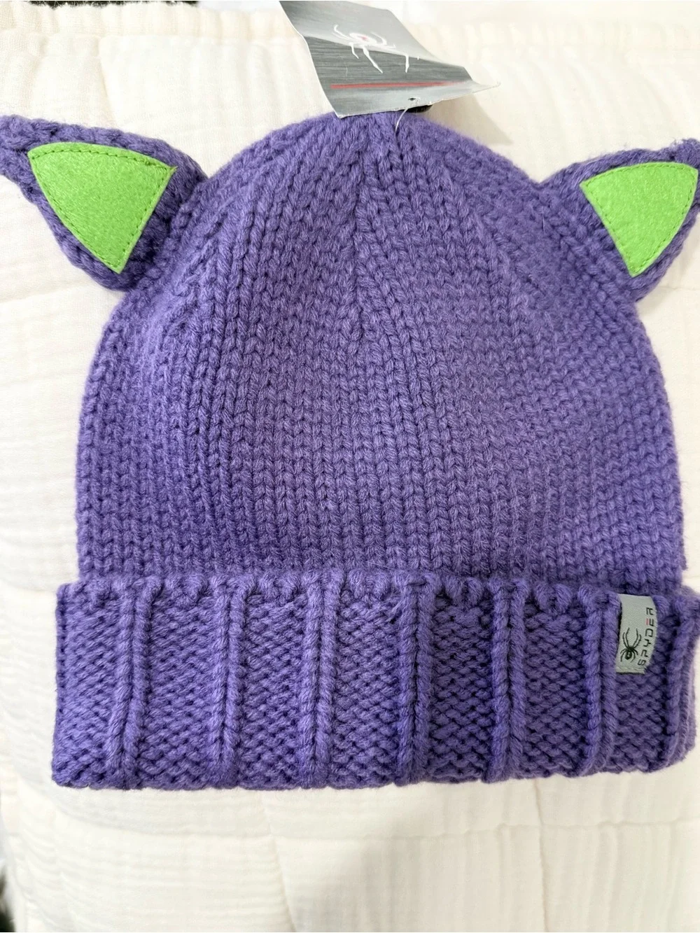 NWT | Spyder | Kids One Size | Bitsy Knit Cat Ear Beanie - Purple and Green